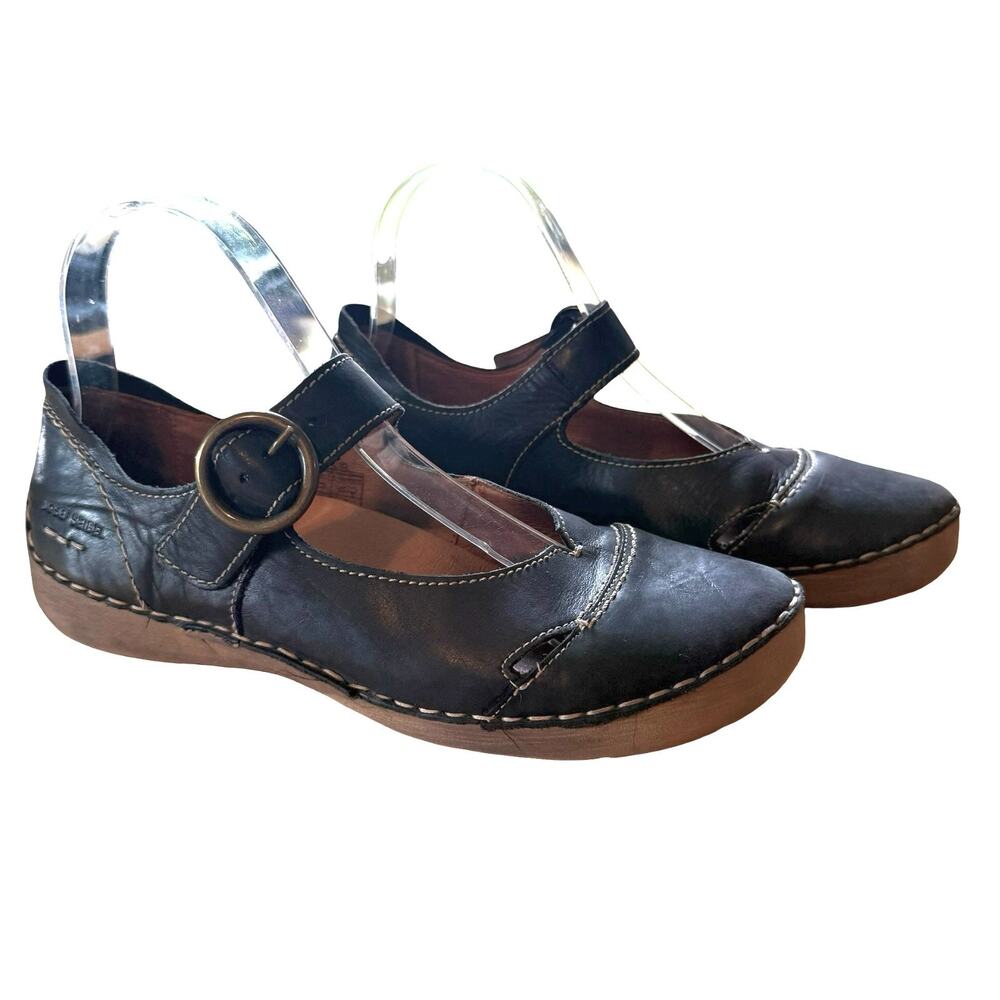Josef Seibel Fergey 80 N Black Leather Mary Jane Flats Comfort Shoes 38 7 / 7.5